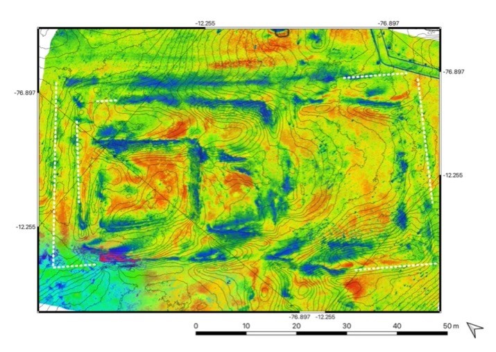 Pachacamac - Crossed results of the various surveys of building E3 with potential buried structures (white tilled lines)