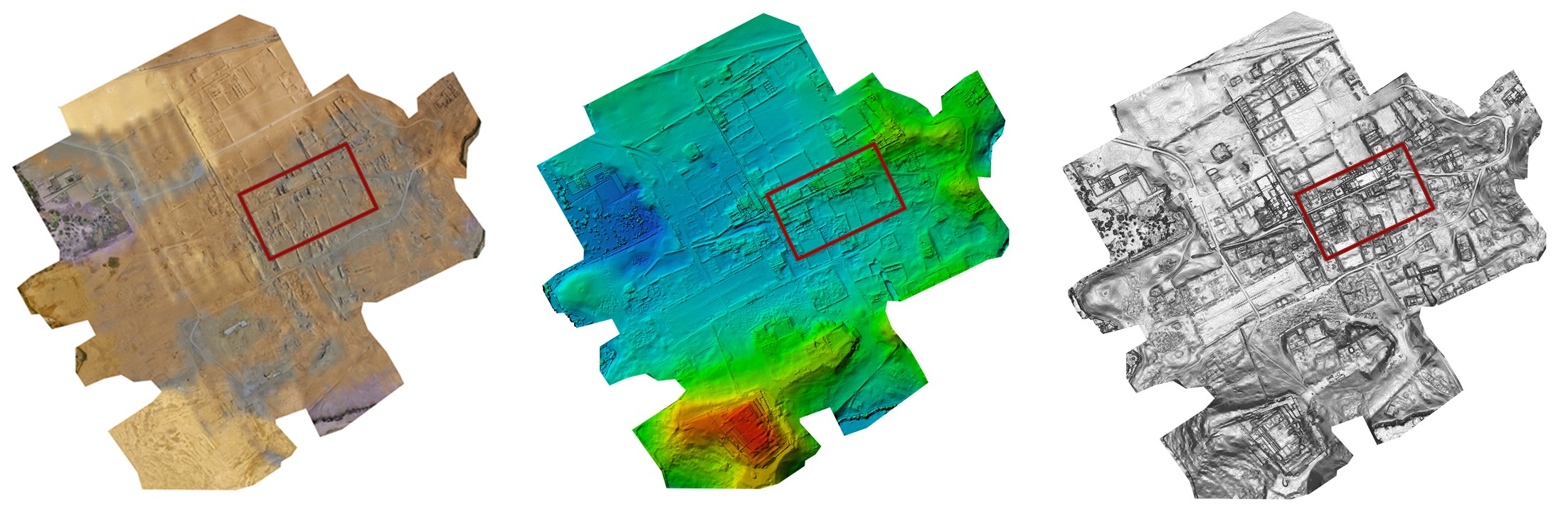 Orthophotography from drone scanning / Digital Elevation Model (DEM), the elevation scale goes from blue (lowest) to red (highest) / Level curves from DEM. Area of study in the red rectangle.