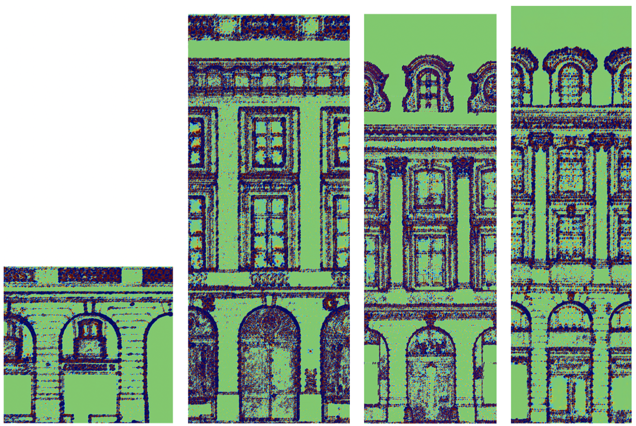 Curvature maps. From left to right, Place de la Liberation in Dijon, Place Royale in Reims, Place du Parlement-de-Bretagne in Rennes and Place Vendôme in Paris.