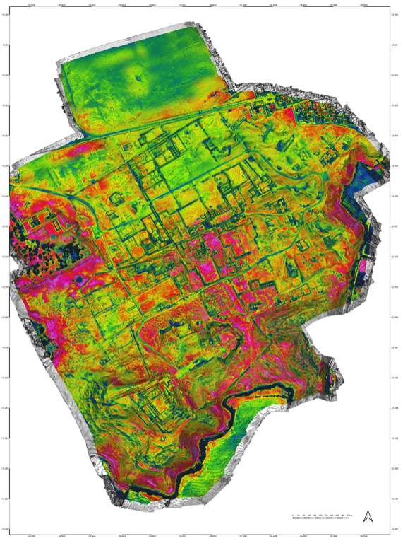 Pachacamac - Overlay of orthophoto and contour lines
